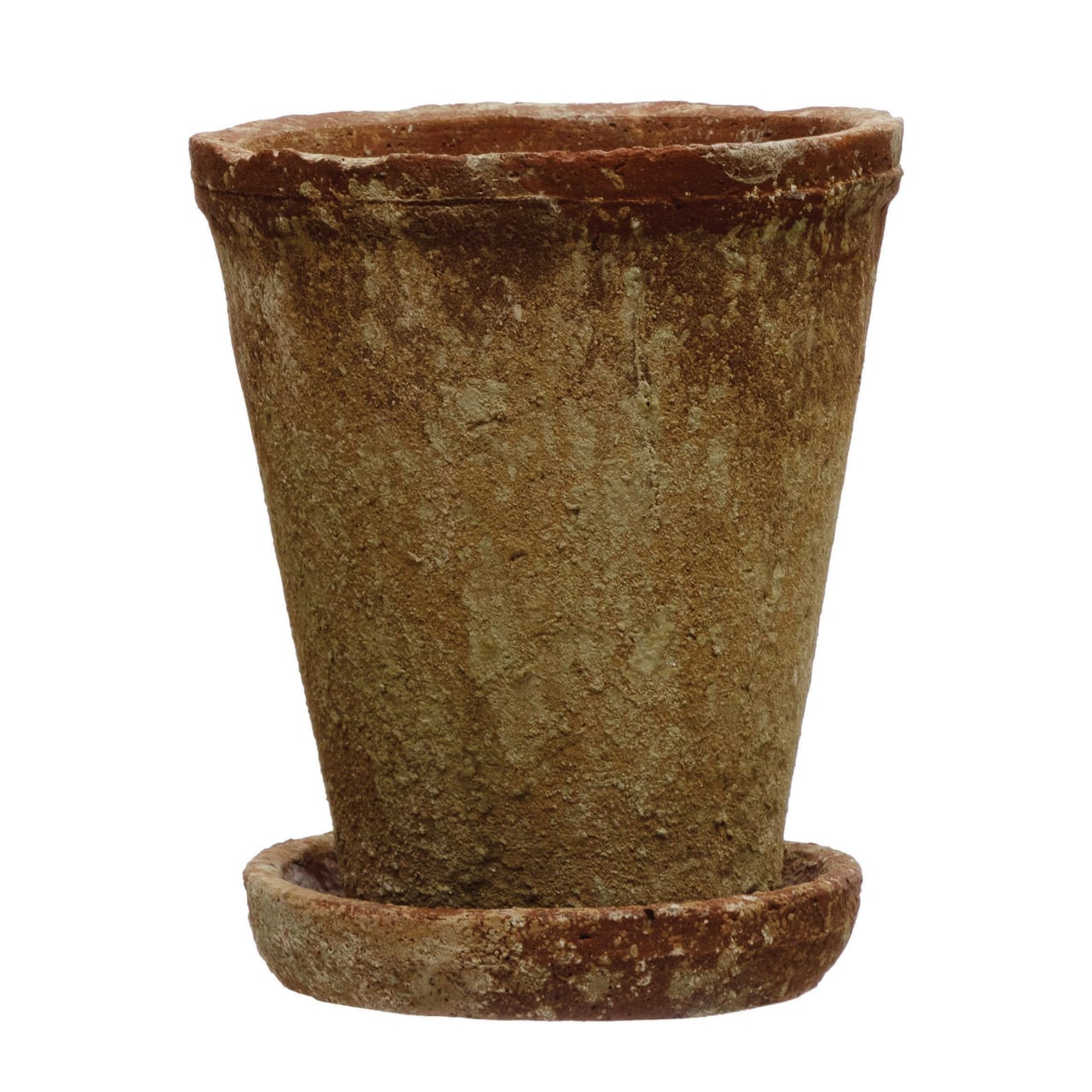 7&#x22; Distressed Terra Cotta Cement Planter with Saucer Set